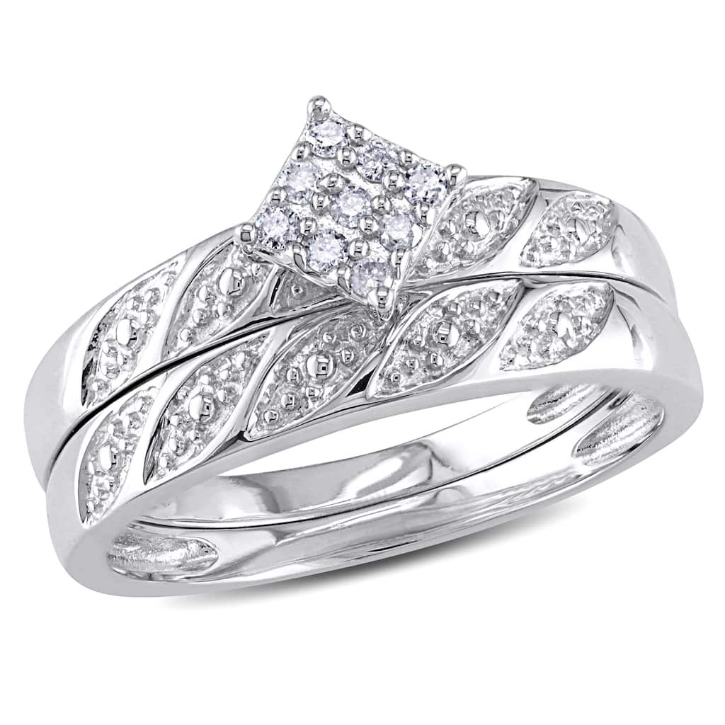 Miadora Sterling Silver 1/10ct TDW Diamond Cluster Engagement Ring Wedding Band Set