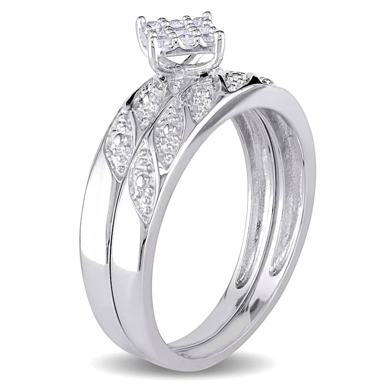 Miadora Sterling Silver 1/10ct TDW Diamond Cluster Engagement Ring Wedding Band Set