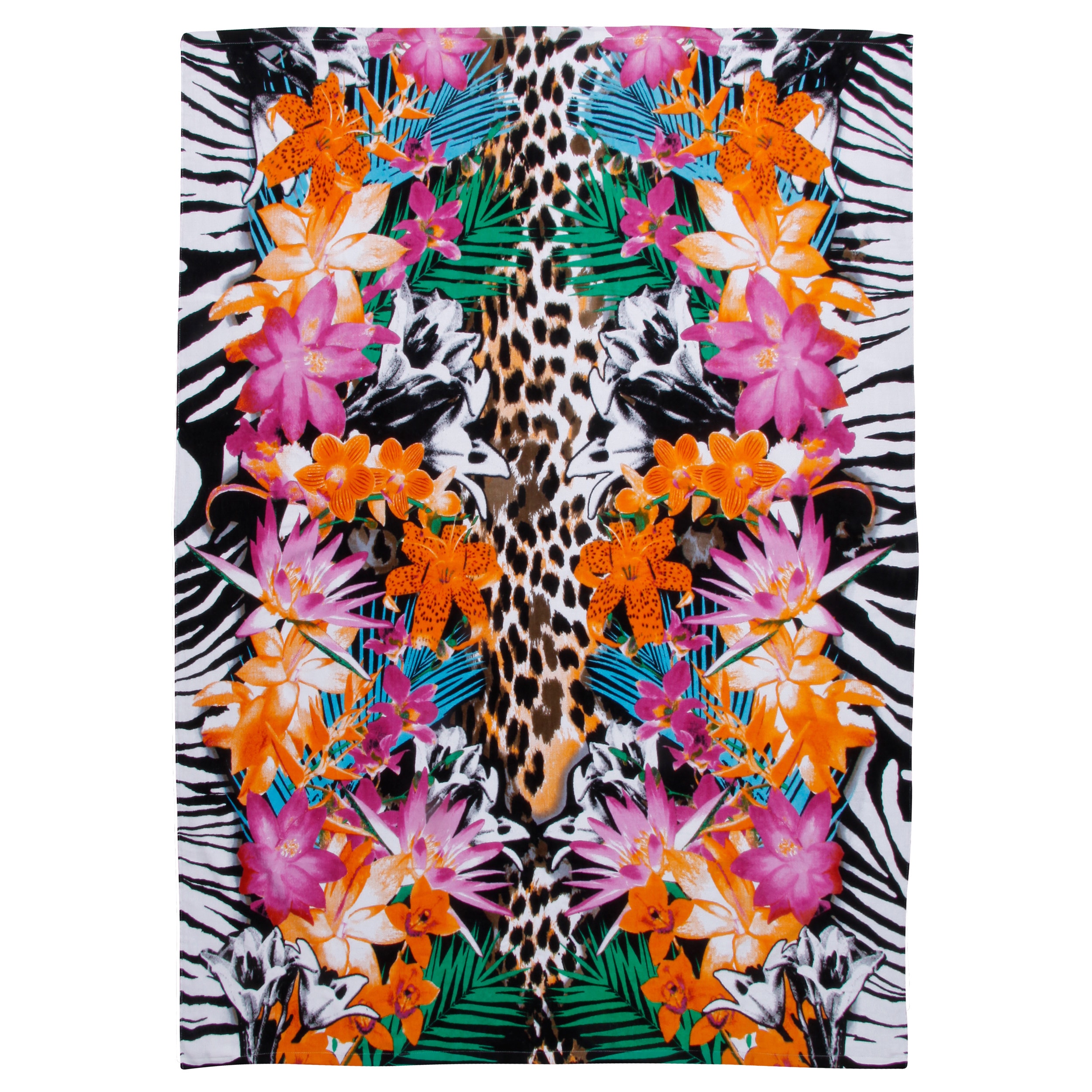 Tropical Animal Print Extra Wide Beach Towel (Multi floral and animal printDimensions 55 inches wide x 68 inches longWeight 1.5 poundsMachine wash cold, gentle cycle with like colors, only non chlorine bleachThe digital images we display have the most a