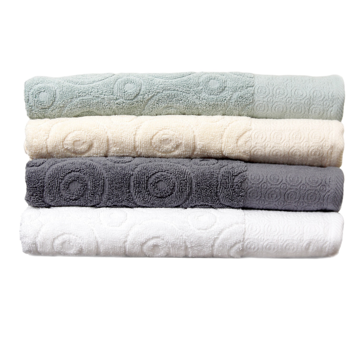 Jacquard Terry Towel Circle Design 6 piecetowel Set (White, Ivory, Grey, AquaJacquard BorderCare Instructions Machine Wash Cold, Gentle Cycle with Like Colors, Only Non Cholorine BleachDimensionsWashcloth 13 L x 13 WHand Towel 26 L x 16 WBath Towel 54