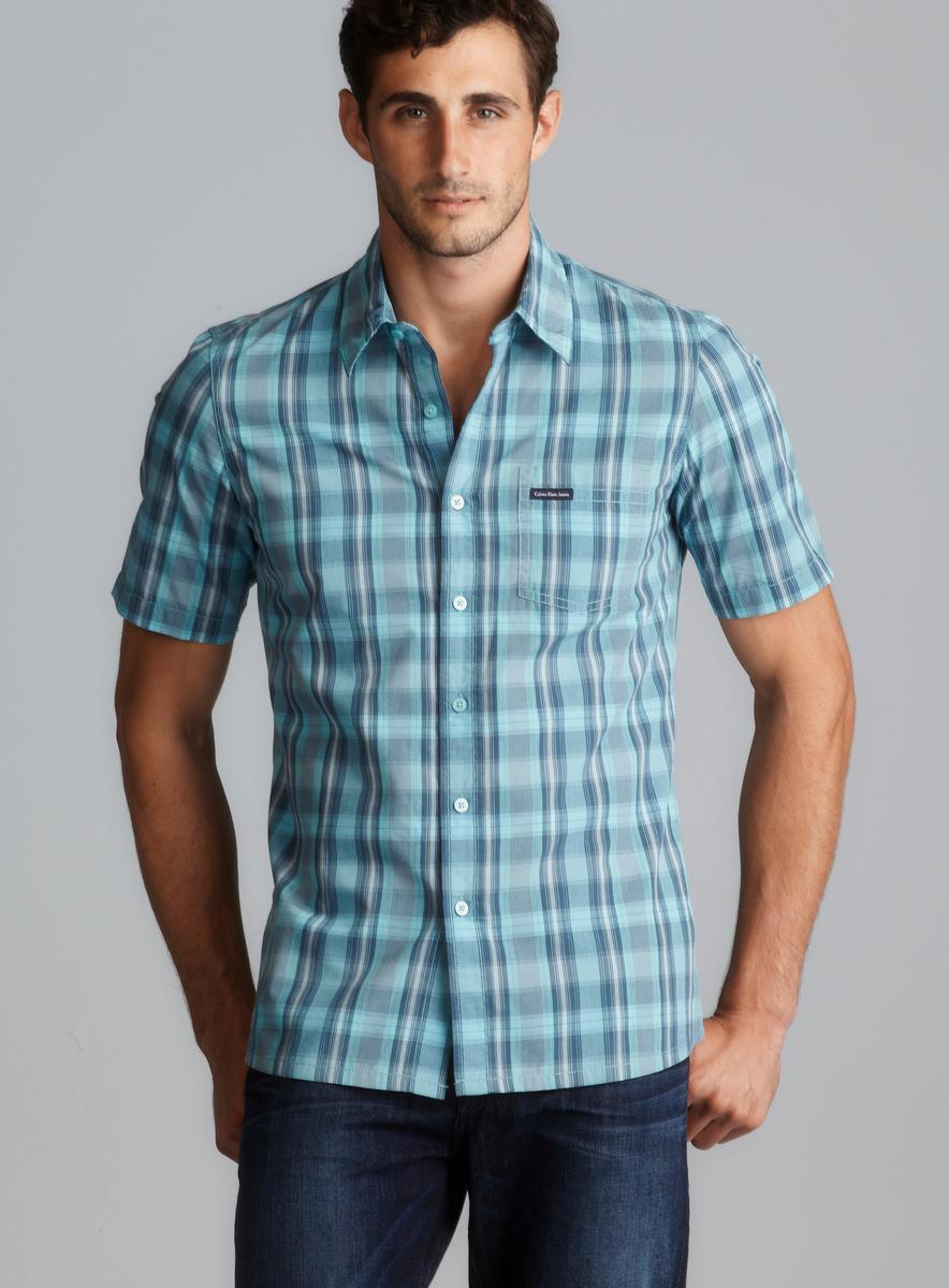 CK Jeans Short Sleeve Blue Plaid Button Down Shirt - Free Shipping On ...