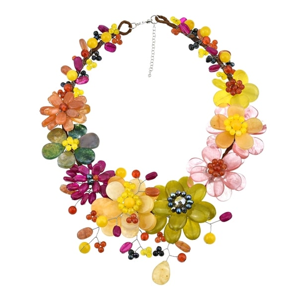Handmade Vibrant Bouquet of Color Natural Stones and Pearls Floral Statement Necklace (Thailand)