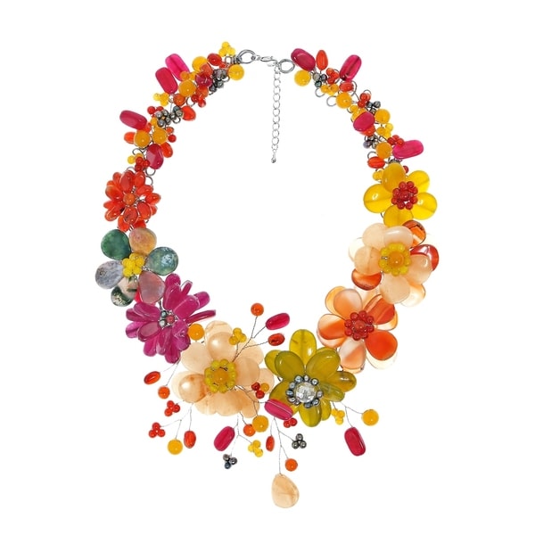 Handmade Vibrant Bouquet of Color Natural Stones and Pearls Floral Statement Necklace (Thailand)