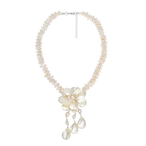slide 1 of 13, Handmade Lotus Rain Mother of Pearl and Pearl Floral Necklace (Thailand)