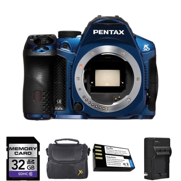 Pentax K-30 DSLR Camera Body Only Crystal Blue 32GB Bundle