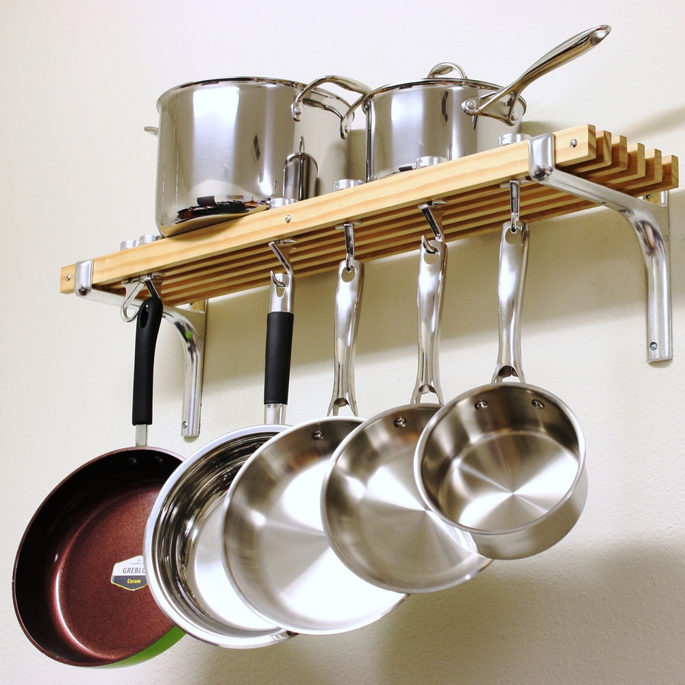 Soduku Pot Pan Rack with Solid Wood Shelf Wall Mounted Multifunctional Kitchen Hanging Organizer with 8 Hooks for Pots Pans Lids Utensils Cookware Wood