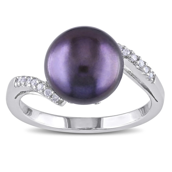 Miadora Sterling Silver Freshwater Black Pearl and Diamond Ring (9.5 10 mm) Miadora Pearl Rings