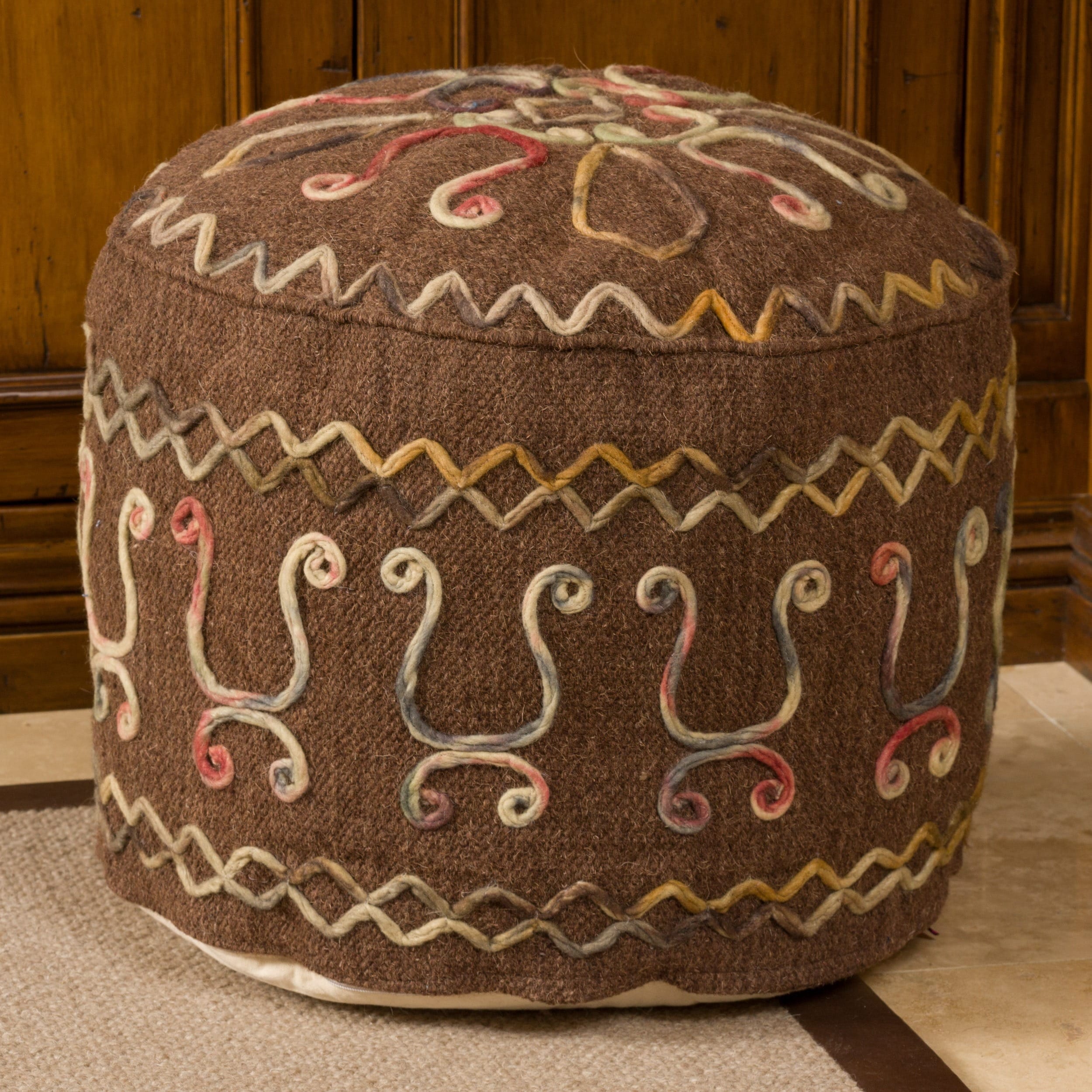 Christopher Knight Home Bahari Brown Wool Embroidered Pouf Ottoman