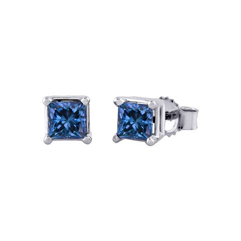 14k White Gold 1/4ct to 1ct TDW Princess-cut Blue Diamond Stud Earrings
