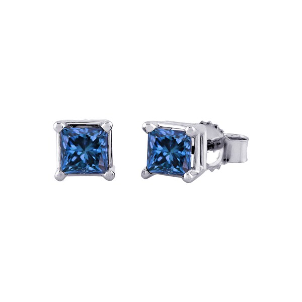 14k White Gold 1/4ct to 1ct TDW Princess Cut Blue Diamond Stud Earrings ...