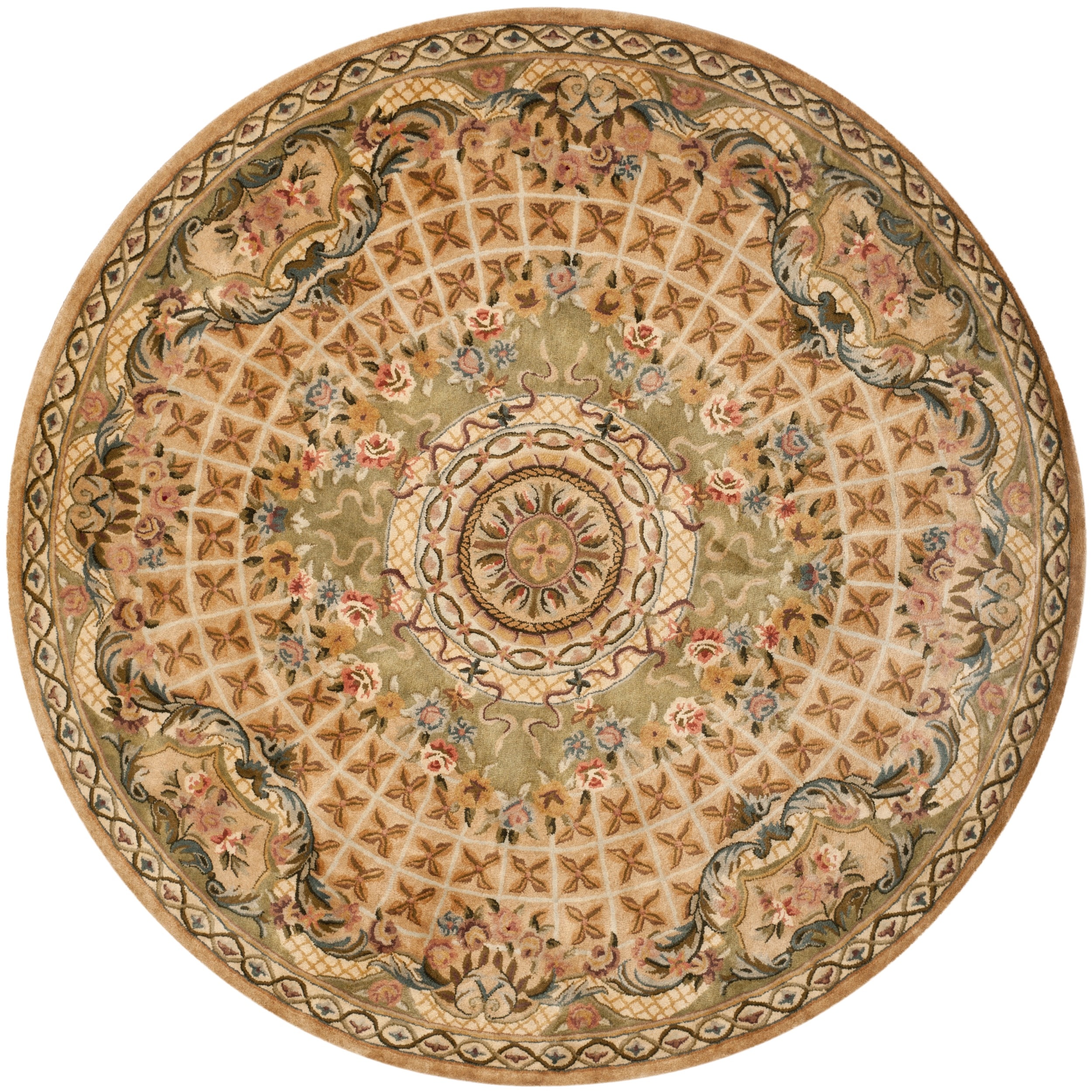 Safavieh Hand made Classic Taupe/ Light Green Wool Rug (8 Round)