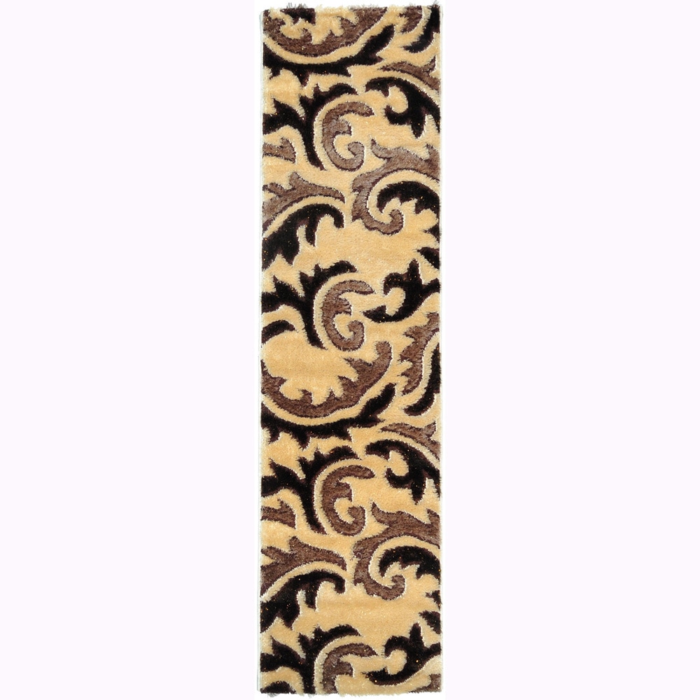 Crystal Glitter Soft Shag Tribal Scroll Beige Area Runner Rug (27 X 10)