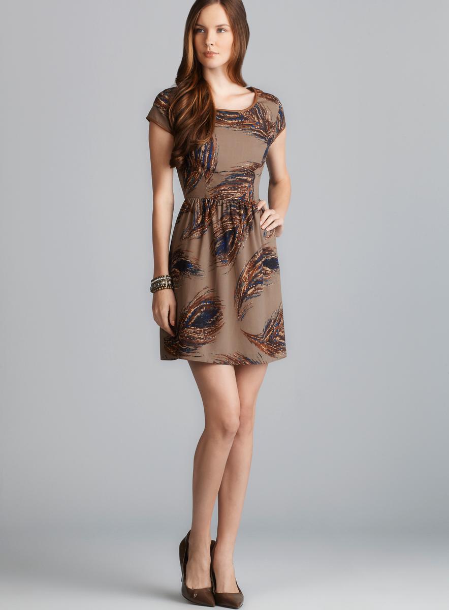 Kensie Faux Leather Trim Cap Sleeve Feather Printed Dress  