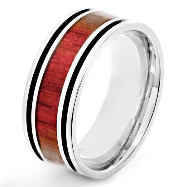 Stainless Steel Mens Red Wood Inlay and Black Enamel Stripe Ring