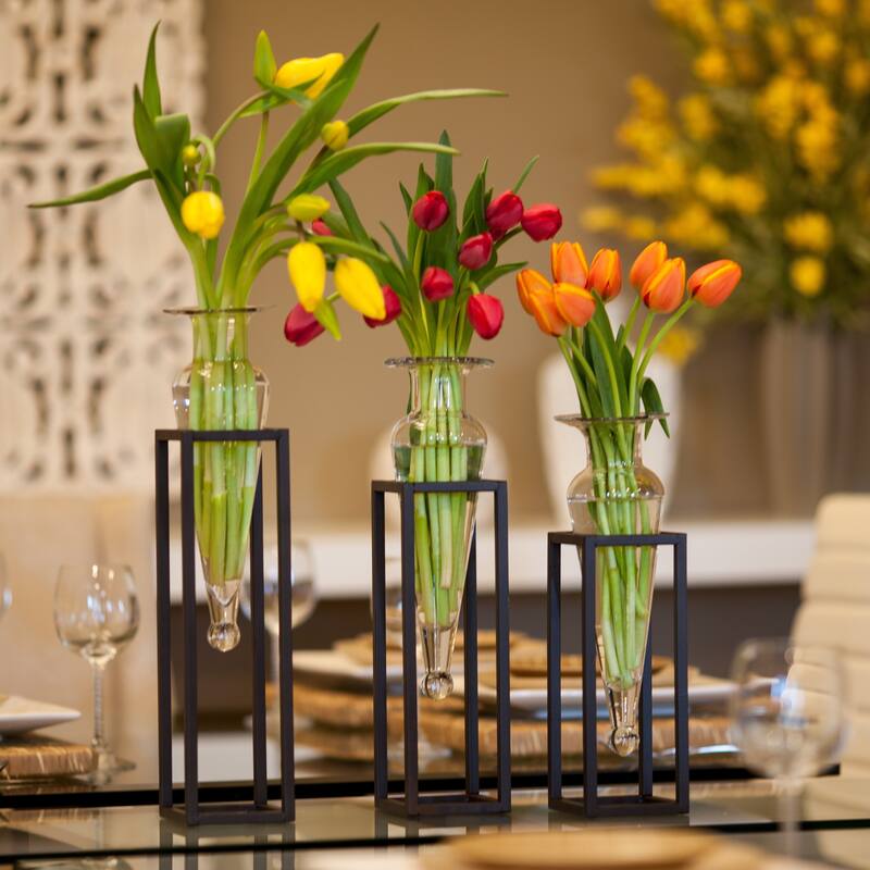 Set of 3 Clear Amphorae Vases on Square Tubing Metal Stands