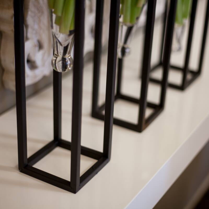 Set of 3 Clear Amphorae Vases on Square Tubing Metal Stands