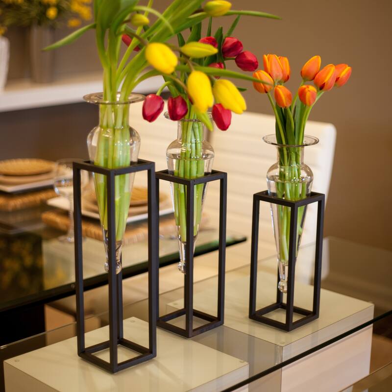 Set of 3 Clear Amphorae Vases on Square Tubing Metal Stands