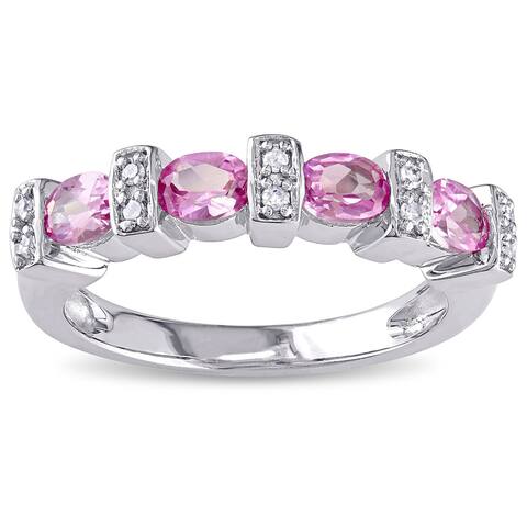 Miadora Sterling Silver Created Pink Sapphire and Diamond Ring