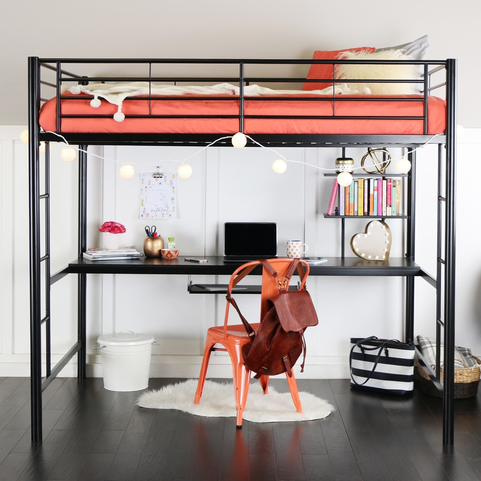 Full Metal Black Loft Bed With Work Space
