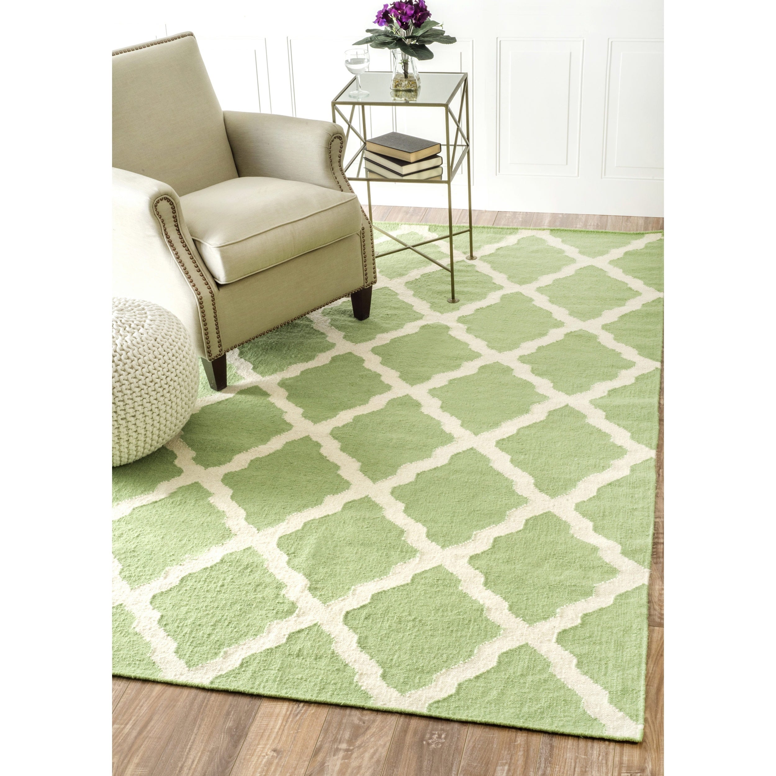 Nuloom Handmade Moroccan Trellis Flatweave Kilim Green Wool Rug (86 X 116)