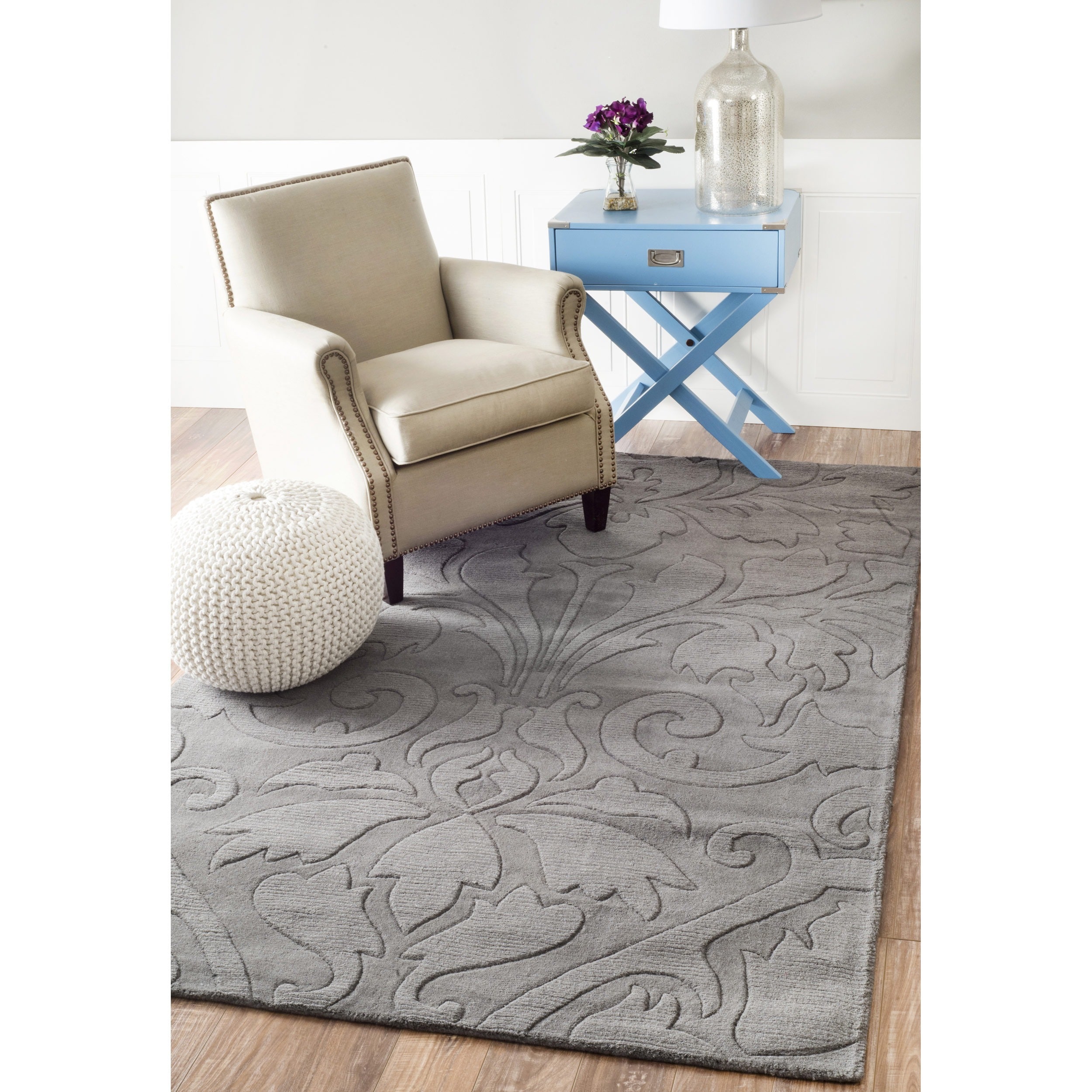 nuLOOM Handmade Neutrals and Textures Damask Grey Wool Rug (6 x 9