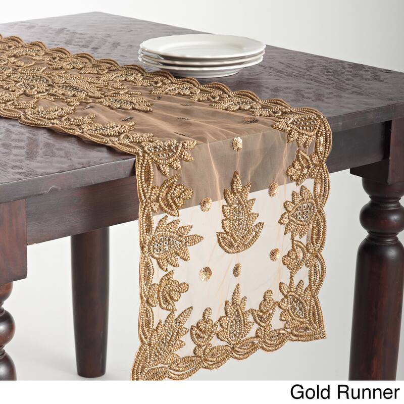 Hand Beaded Design Table Topper or Runner - Table Runners - Gold - 16 x 72/72L