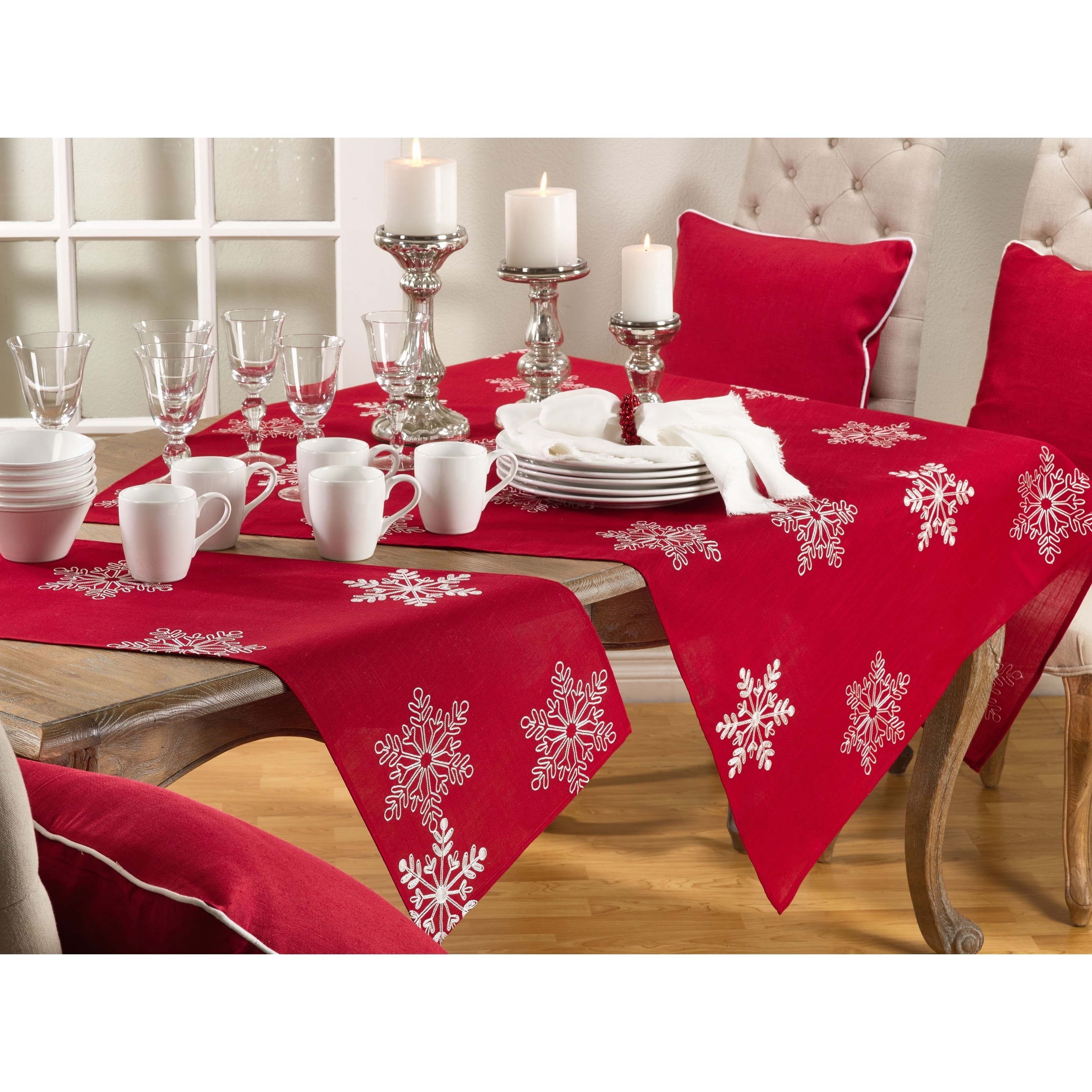 Embroidered Snowflake Christmas Table Runner - Holiday Table Decor for Dining and Seasonal Entertaining