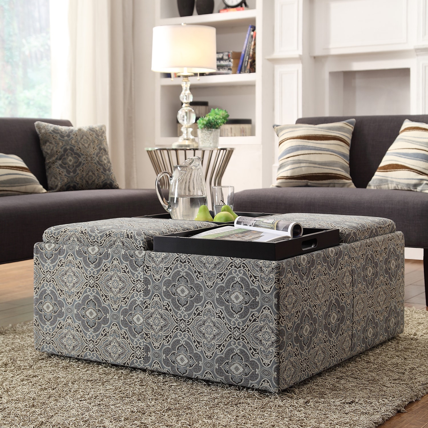 Inspire Q Montrose Blue Damask Storage Cocktail Ottoman