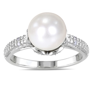pearl silver ring sterling diamond rings miadora freshwater accent mm overstock