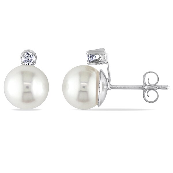 Miadora 14k White Gold Cultured Akoya Pearl and Diamond Stud Earrings (7-7.5 mm)