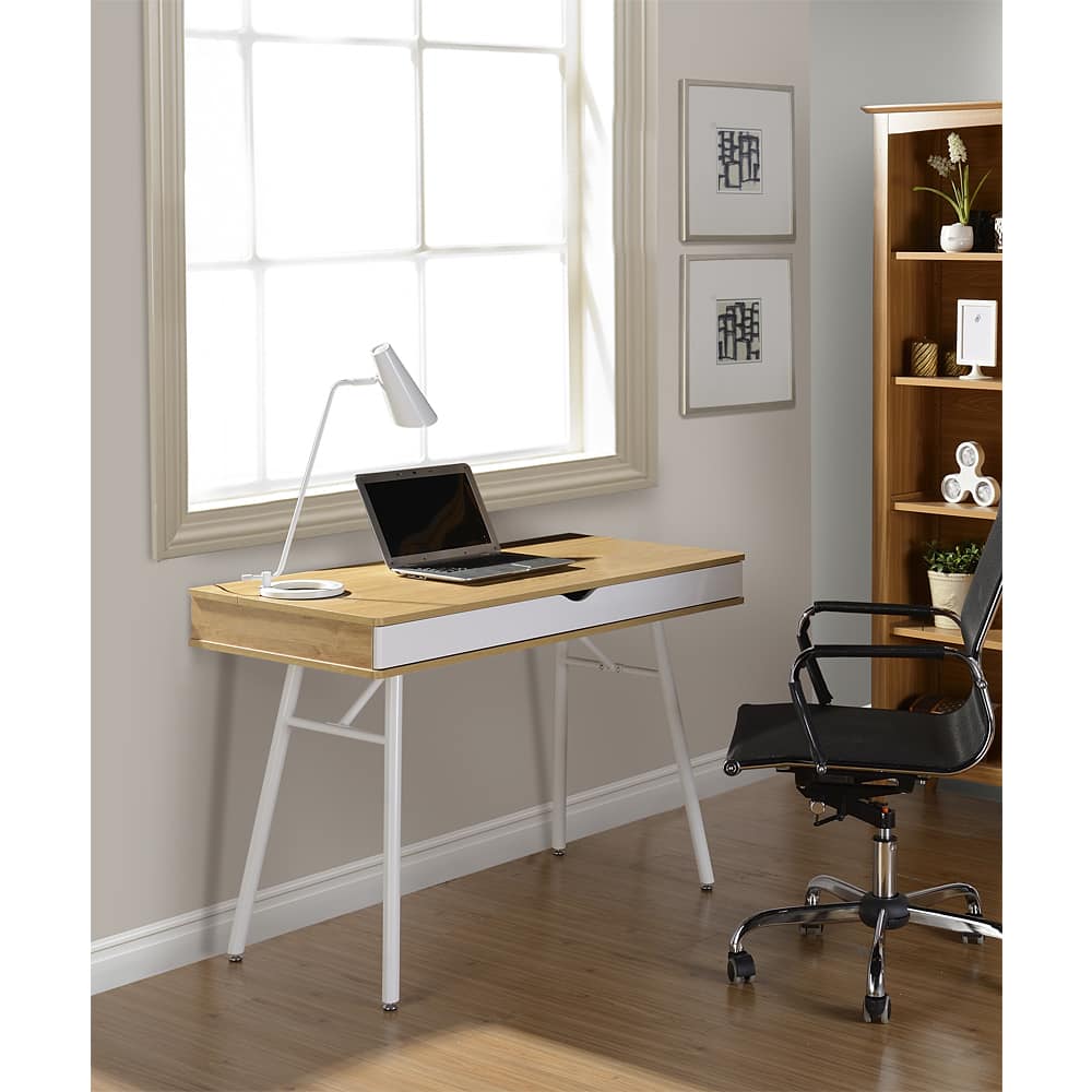 Modern Design White/ Pine Finish Desk with Cord Management System