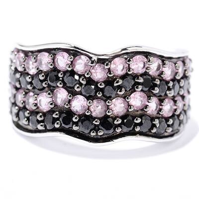 Sterling Silver 2 2/5ct TGW Black Spinel and Pink Sapphire Wave Ring