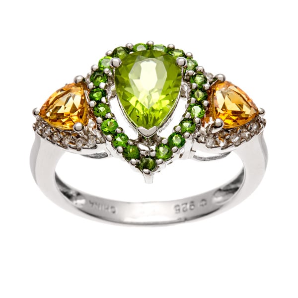 Sterling Silver Peridot, Chrome Diopside, Citrine and Zircon Ring