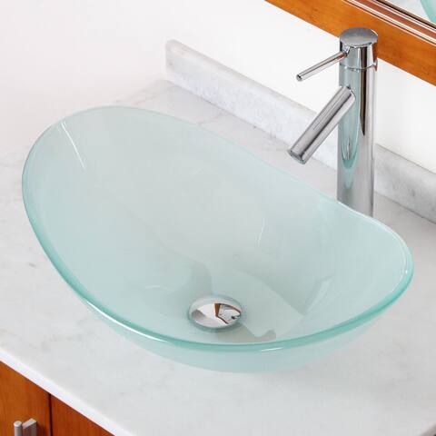 Elite Tempered Bathroom Glass Vessel Sink W. Unique Oval Shape with Faucet Combo