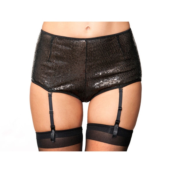 Rene Rofe Show Girl Classic High Waisted Sequin Garter Brief with Mesh Rear in Black Rene Rofe Lingerie