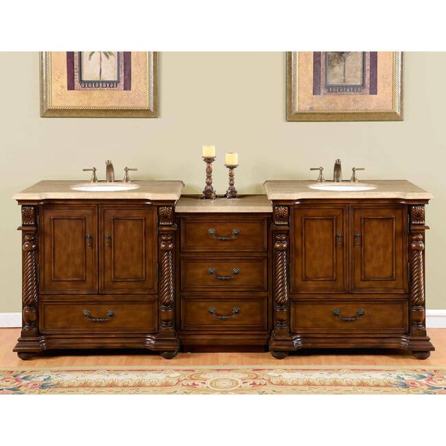 Silkroad Exclusive 92-Inch Travertine Stone Top Bathroom Double Sink Vanity
