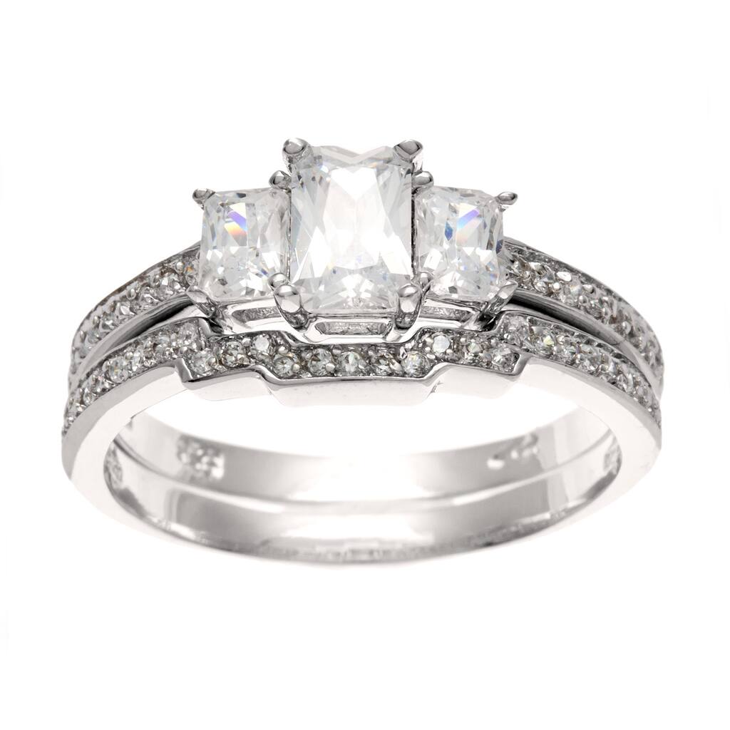 Roberto Martinez Silver CZ 3-stone Deco Bridal-style Ring Set