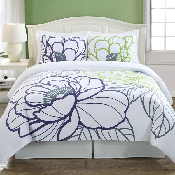 Echelon Home Floral Sketch Cotton 3-piece Duvet Cover Set