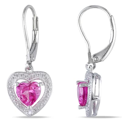 Miadora Sterling Silver Created Pink Sapphire and Diamond Heart Earrings
