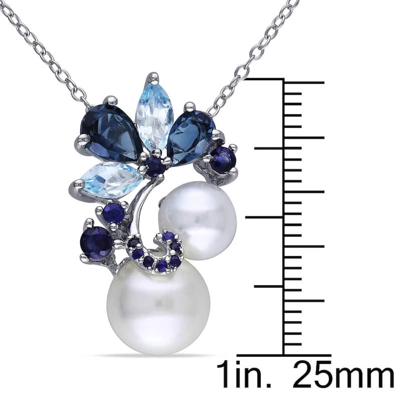 Miadora Sterling Silver Pearl, London Sky Topaz, and Sapphire Drop Pendant Necklace (7 - 9 mm)