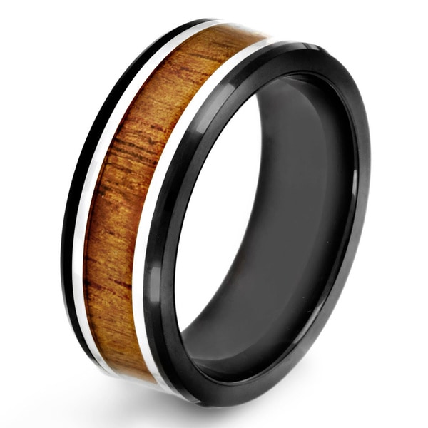 Black-plated Stainless Steel Wood Inlay Ring - 15615552 - Overstock.com ...