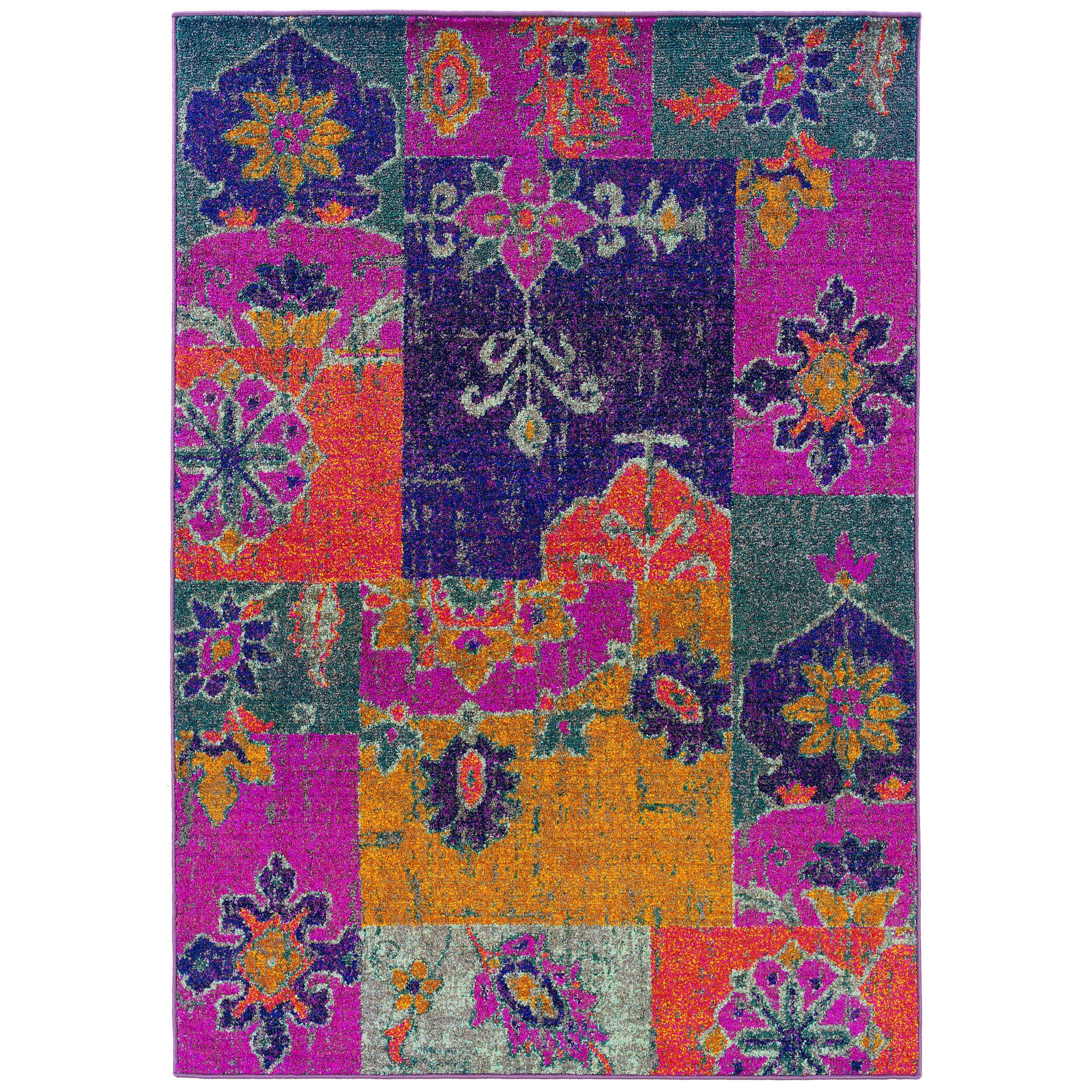 Bright Patchwork Multi/ Pink Polypropylene Rug (53 X 76)