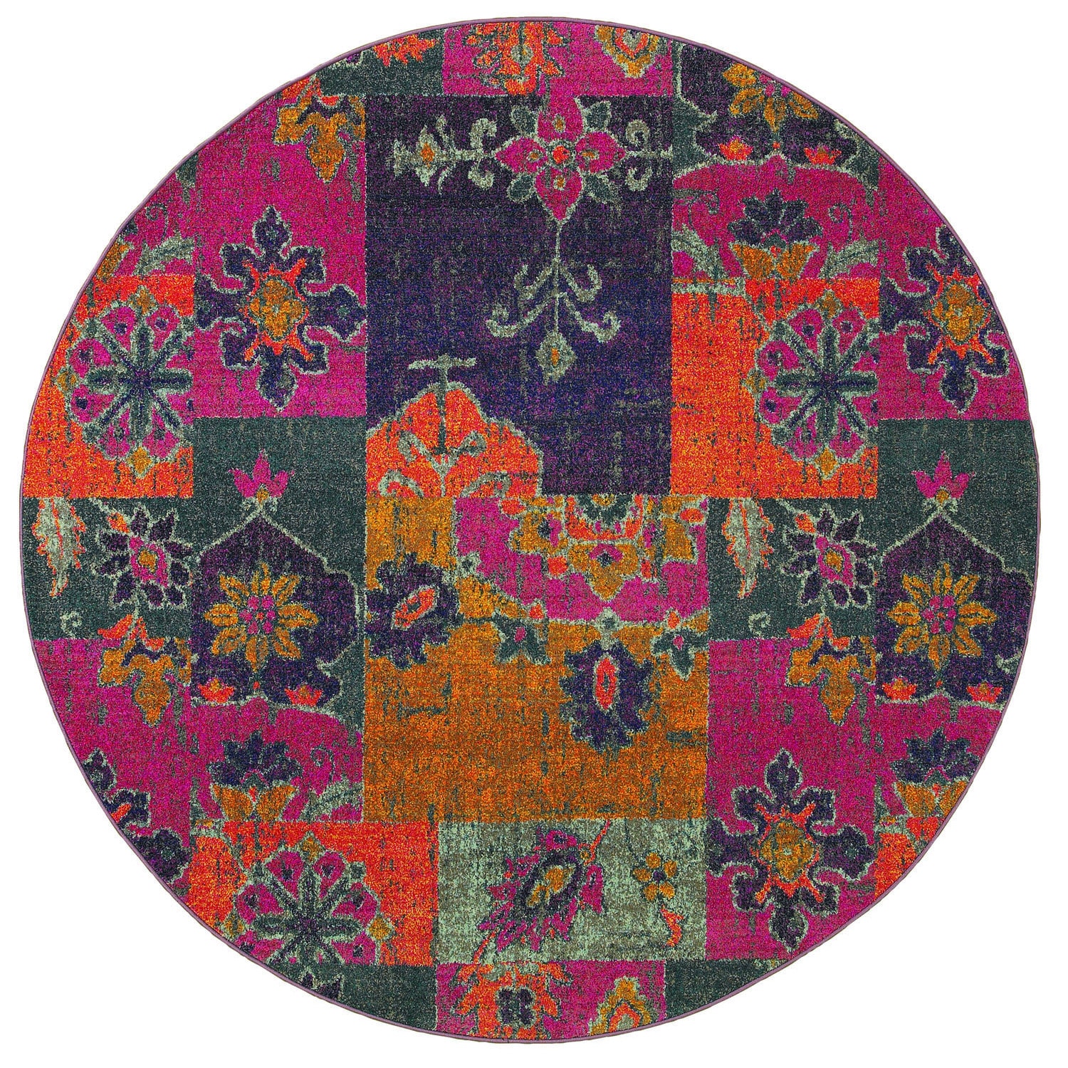 Bright Patchwork Multi/ Pink Polypropylene Rug (78 Round)