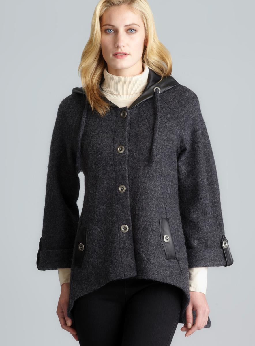 For Cynthia Two Pocket Hi Lo Wool Coat With Faux Leather Hood & Detail For Cynthia Jackets