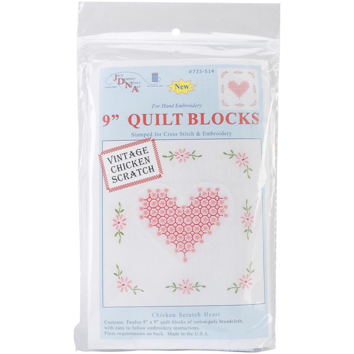 Stamped White Quilt Blocks 9 X9 12/pkg   Chicken Scratch Hearts