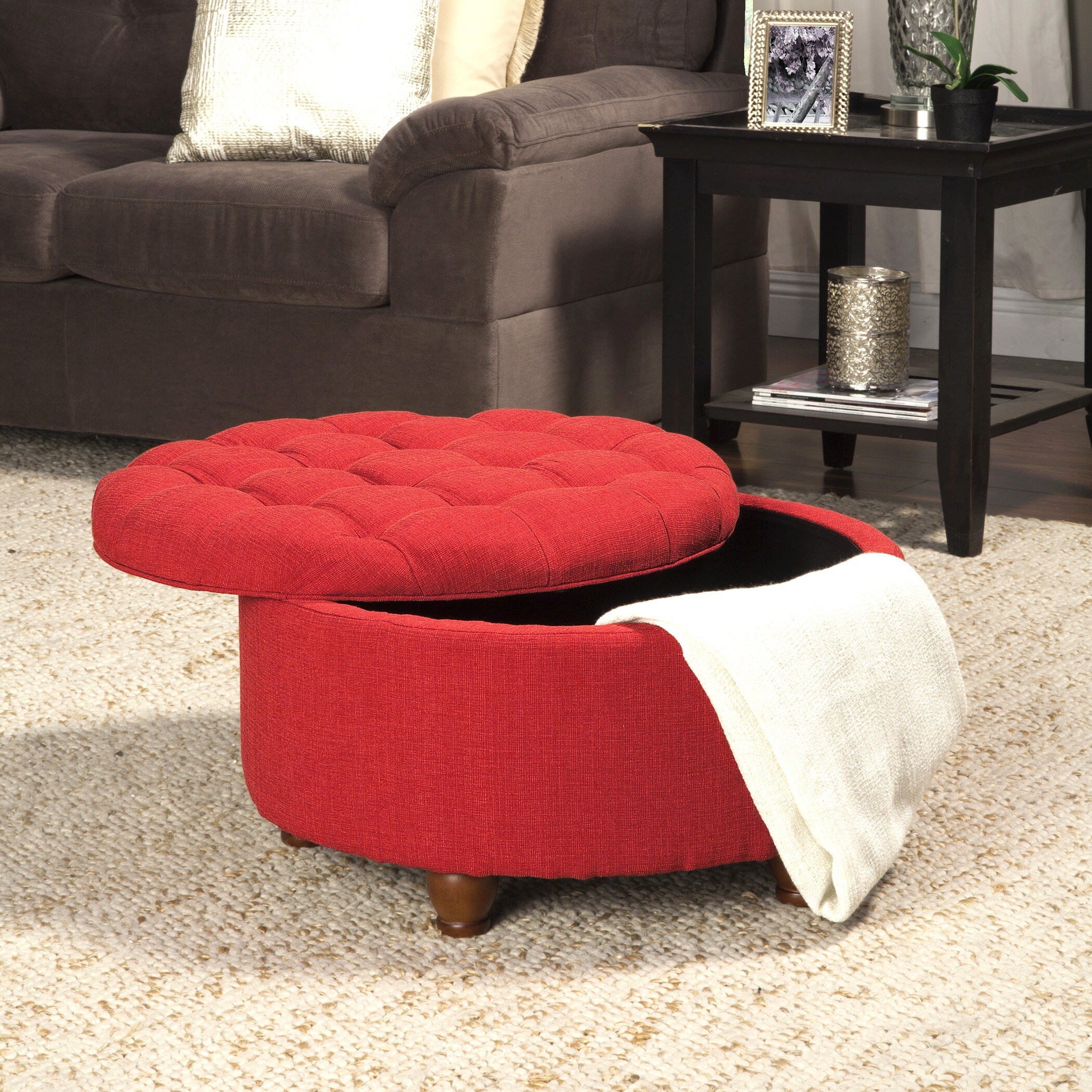 Porch Den Leaf Red Tufted Round Tail Storage Ottoman On 8300304 Den Leaf Red Tufted Round Tail