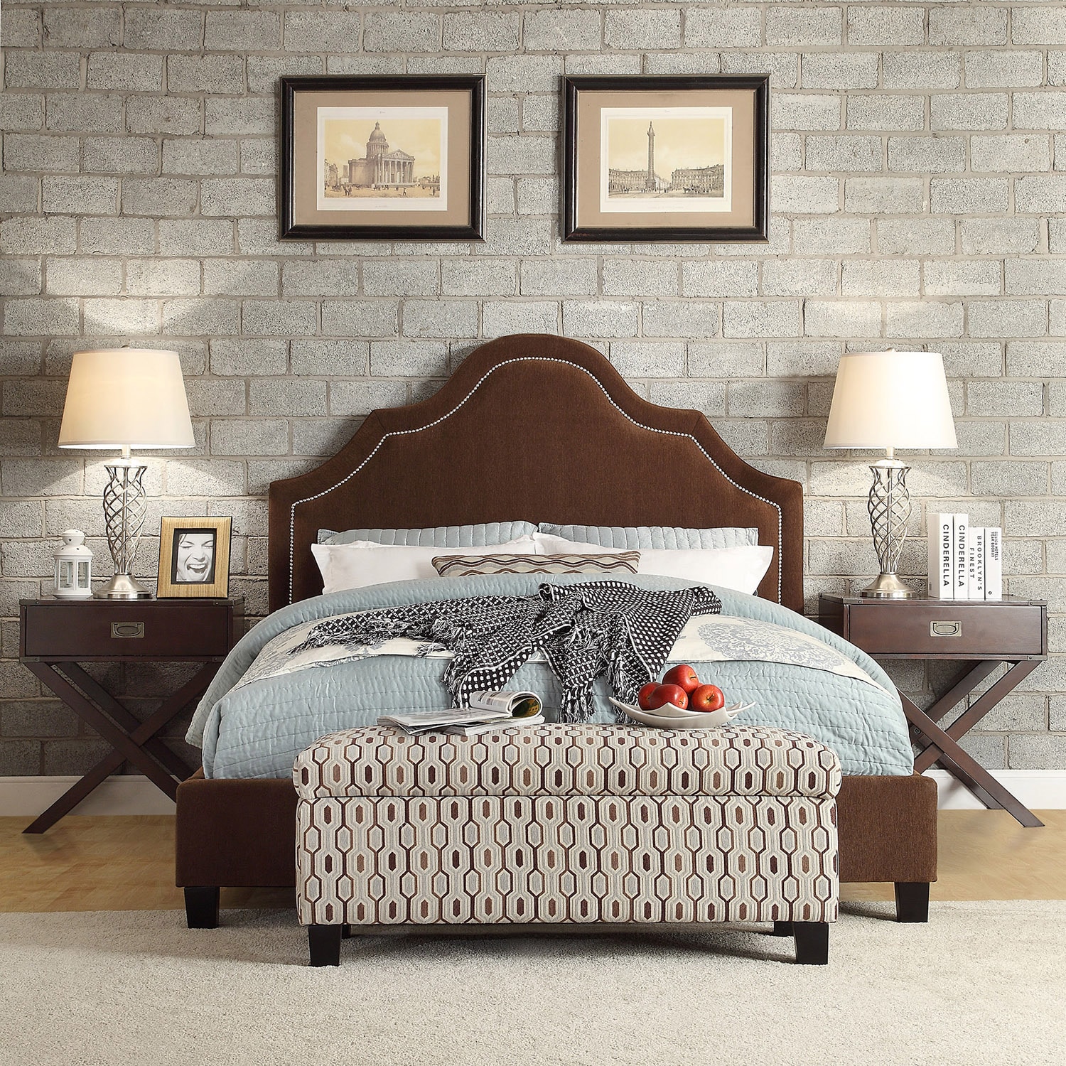 Inspire Q Inspire Q Fletcher King size Chocolate Chenille Nailhead Arch Curved Upholstered Bed Brown Size King