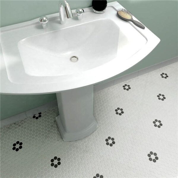 SomerTile 10.25x11.88-inch Manhattan Hex White and Flower Unglazed Porcelain Mosaic Floor Tile (10 tiles/8.65 sqft.)