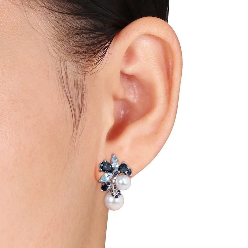 Miadora Sterling Silver Pearl, Blue Topaz and Sapphire Cluster Drop Earrings (6-8.5mm) - 22.7 mm x 12.6 mm x 17.8 mm