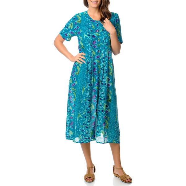La Cera Women's Teal Border Print Long Pleated Dress - 15618655 ...